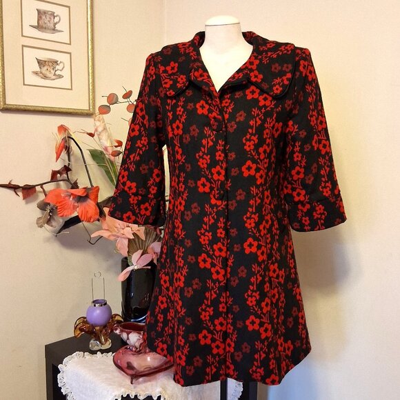 NEW Women’s Elegant Pea Coat Red Black Floral Lined Trench Coat ¾ Sleeve 14 L - Picture 1 of 10